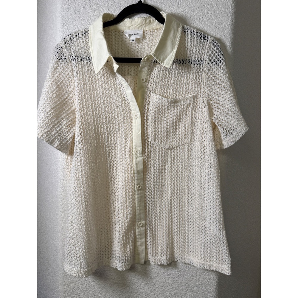 Heyson Cream Open Knit Mesh Button Down Shirt Short Sleeve Cotton NWOT Soft Girl
